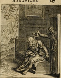 Xanthippe vyprazdňuje komoru nad Sokratem. Z Emblemata Horatiana, 1607