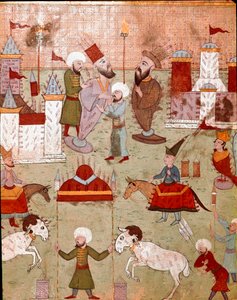 Slavnosti pořádané u příležitosti obřízky syna osmanského sultána Murada II (Murat) (1404-1451), příprava ohňostroje Miniatura 16. století Istanbul, Knihovna muzea Topkapi Sarayi od Ottoman School