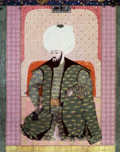 Osmanská říše: “” Portrét osmanského sultána Bajazeda (Bayezid, Bajazet, Bayazid) II Spravedlivý (1447-1512)”” Miniatura z rukopisu (Ms. 1973, folio 62a) “” Zubdat al Tawarikh” (Zubdat al Tawarikh) (Creme of Stories) od historika Seyida Loqida Ashuriho 1 od Ottoman School