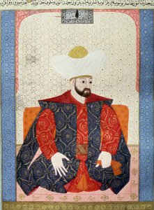 Osmanská říše: “” Portrét osmanského sultána Murada I. (1326-1389)”” Miniatura z rukopisu (Ms. 1973, folio 62a) “” Zubdatat-al-Tawarikh”” (Zubdat al-Tawarikh) (Creme of Stories) historik Seyyid Loqman Ashuri 1538. Muzeum tureckého a islámského umění od Ottoman School