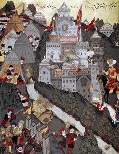 Osmanská říše: Sultán Bayezid I (Bajazet) (1360 kolem roku 1402) se po stejnojmenné bitvě 25. září 1396 vítězně vrátil do města Nicopolis. Miniatura ze 16. století. Istanbul, knihovna muzea Topkapi Sarayi od Ottoman School