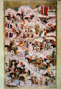 Osmanská říše: „“ Sultan Soliman (Suleyman) řekl jsem velkolepé v bitvě u Moháče dne 29. 8. 1526 proti armádě Uherského království, které velel král Ludvík II.“““ Miniatura z „Hunername“ od Lokmana, sv. 1 (H 1523, f.256b) 1584 Topkapi S od Ottoman School