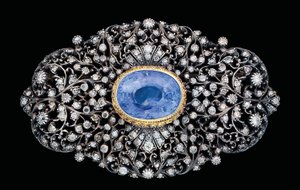 Osmanská brož s diamantem a safírem (safír a diamanty zasazené do zlata a stříbra) od Ottoman School