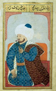 Portrét sultána Osmanské říše Mehet II (Mehmet II Dobyvatel nebo Mehmed II Fatih) (1430-1481) Miniatura z rukopisu „“ Lidská fyziognomie (O osobních dispozicích Osmanů) od Seyyida Lokmana Husseina. (folio paní ty6087 od Ottoman School