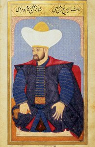 Portrét sultána Osmanské říše Murada I. (1326-1389) Miniatura z rukopisu „“ Lidská fyziognomie (O osobních opatřeních Osmanů) od Seyyida Lokmana Husseina. (Paní ty6087 folio 27b) od Ottoman School