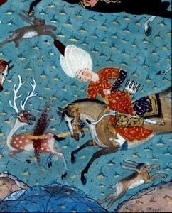 Zastoupení dvořanů sultána Murada II (Murat) (1404-1451) loví jeleny a zajíce Detail. Miniatura ze 17. století. Istanbul, knihovna muzea Topkapi Sarayi od Ottoman School