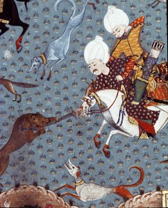 Zastoupení dvořanů sultána Murada II (Murat) (1404-1451) při lovu plavých detailů. Miniatura ze 17. století. Istanbul, knihovna muzea Topkapi Sarayi od Ottoman School