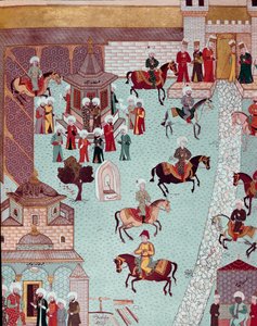 Pohled na kostel sv. Ireny (Saint Irene), bránu Serail a palác sultánů v Konstantinopoli Miniatura ze 17. století. Topkapi Sarayi Istanbul od Ottoman School