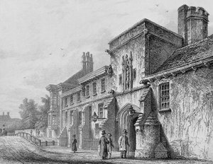 College Gate a Wardens Lodge Winchester, kolem roku 1830