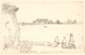 Dáma a dvě děti v Guldborgsundu. Nykøbing Falster. od P.C. Skovgaard