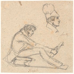 ON. Freund sedí na stoličce a dívá se na kresbu. Nad t.h. profilový portrét J. Th. Lundbye. od P.C. Skovgaard