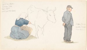 Studijní časopis s dívkou dojící krávu, t.h. stojící farmář. od P.C. Skovgaard