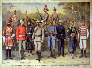 Anglické koloniální armády ve svých uniformách na oslavu jubilea královny Viktorie, 21. června 1883, ilustrace z „Le Petit Journal“, 1899