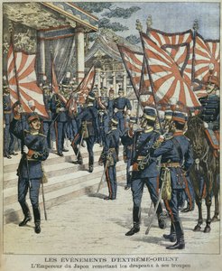 Jeho císařské Veličenstvo Mutsuhito, japonský císař, předává vlajky svým vojákům, ilustrace z "Le Petit Journal": Supplement illustre", 6. března 1904
