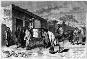 Aktivita v ulicích Pekinu (Peking) s diorámatem z 19. století. Rytina z kresby Selliera, z fotografie Thomsona, v „Le Tour du Monde, Nouveau journal des Voyages“, editoval Edouard Charton, Paříž od P. (after) Sellier