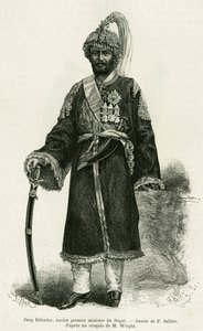Jang Bahadur (1816-1877), předseda vlády Nepálu. Rytina P.Selliera k ilustraci příběhu Voyage au Nepal, Dr. Gustave Le Bon (1841-1931), in le tour du monde 1886, režie Edouard Charton (1807-1890), Hachette, Paříž. od P. (after) Sellier