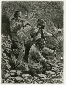 Horníci dobývající uhlí do žíly. Rytina od Ferata k ilustraci povídky "Belgie" od belgického spisovatele Camilla Lemonniera (1844-1913). Publikováno v Le Tour du monde, nouveau journal des voyages, 2. pololetí 1884, editor Edouard Charton (1807- od P. Ferat
