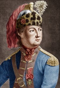 Rytíř Eon (1728-1810), francouzský tajný agent pro krále, používal křížové šaty, ryl kolorovaný dokument od P. Jean Baptiste Bradel