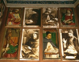 Studie Federiga da Montefeltro, vévody z Urbina, ve směru hodinových ručiček z TL: Euklides z Megary, řecký filozof (450-374 př. n. l.); Vittorino da Feltre, italský pedagog (1378-1446); Solon, athénský zákonodárce od P. Joos van Gent and Berruguete