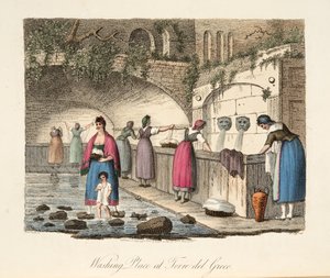 Washing Place v Torre del Greco, z italské scenérie, představující způsoby, zvyky a zábavy různých států Itálie, hospoda. 1806 (ručně kolorovaná rytina) od P. van (after) Lerberghi
