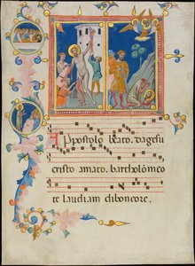 Rukopisný list s mučednickou smrtí svatého Bartoloměje, z Laudario, ca. 1340.
