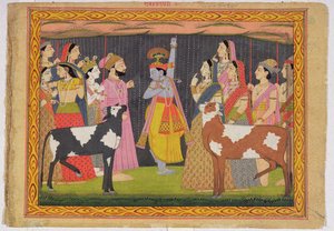 Krišna zvedá horu Govardhana z Bhágavata purány, Kulu, Himáčalpradéš, 1749