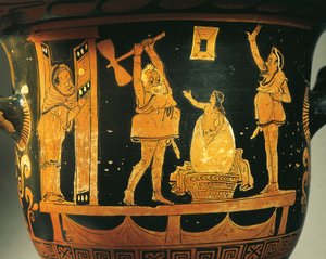Apulský krater s divadelní scénou, karikatura narození Heleny ve vejci, připsáno dijonskému malíři, červenofigurová keramika, Detail, z Bari, Apulie, Itálie, Starověká řecká civilizace, Magna Graecia, 4. století př. n. l. od Painter Dijon