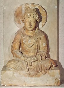 Buddha sedící v meditaci, z Ganhara, řecko-buddhistický styl, 1.-4.