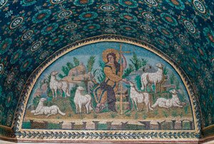 Dobrý pastor. Mozaika lunety nad vstupními dveřmi mauzolea Galla Placidia, c425 (mozaika)