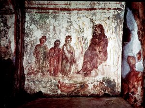 Paleochretian art (období starověkého Říma): Mojžíš zachraňuje z vod Nilu dcerou faraona. Freska z katakomby Via Latina v Římě. 4. století. - Raně křesťanské umění. Mojžíš zachráněn z vody. Freska, 4. století našeho letopočtu. Catacom od Paleo Christian