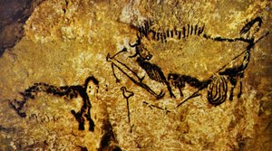 Zraněný zubr, zraněný muž a nosorožec srstnatý, Lascaux (jeskynní malba)