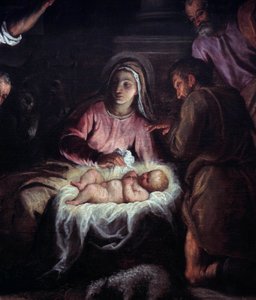 Klanění pastýřů Detail obrazu od Palmy Giovane (1544-1628). Ženeva ze 17. století, Muzeum umění a historie