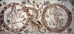 Pokušení Adama a Evy Mozaika z Pantaleone, kněze a mozaikáře. 1163-1166. Centrální loď Cathedrale of Otranto (Otranto), Itálie od Pantaleon Pantaleon