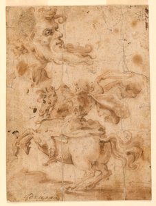 Kresba, Hlava vousatého muže, muž na koni, asi 1650 od Paolo Emilio Besenzi