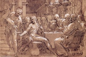 Večeře svatého Řehoře, kresba Paolo Farinati (1524-1606), šedohnědý akvarel, pero, bílá tuha a černá tužka, Itálie