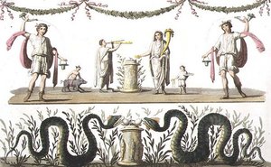 Fresky z larária soukromého domu v Pompejích, z „Le Costume Ancien et Moderne“ od Julese Ferraria, vydáno kolem 20.–30. let 18. století (barevné lito)