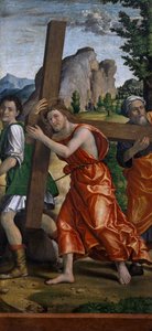 Cesta na Kalvárii, detail z Polyptychu vášně od Paola Cavazzoly (1486-1522)
