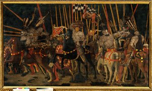 Bitva u San Romana mezi Florenťany a Sienese dne 2. června 1432 (protiútok Micheletta da Cotignola). Obraz od Paola di Dono dit Uccello (1397-1475) 1456 Sun. 1,8x3,2 m Paříž, Musee du Louvre. od Paolo Uccello