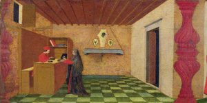 Predella z Profanace Hostie: Křesťanská žena přinucená vykoupit svůj plášť za cenu posvěcené Hostie židovským zástavníkem, kolem 1467-69 (tempera na panelu) (detail) od Paolo Uccello