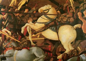 Bitva u San Romana, detail Bernardina della Ciarda seskočil z koně, kolem 1456, tempera na panelu