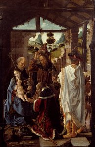 Klanění tří králů. (olej na dřevě, cca 1582) od Paolo de San Leocadio
