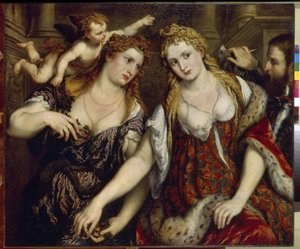 Flora, Venuše, Mars a Cupid (Flora, Venuše, Mars a Cupid). Obraz Paris Bordone (1500-1571), olej na plátně, kolem roku 1550. Italské umění (Benátky) od Paris Bordone