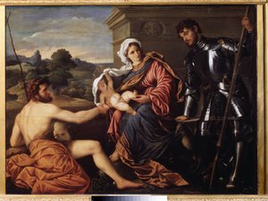 "Madona s dítětem, svatý Jan Křtitel a svatý Jiří" (Madona a dítě, svatý Jan Křtitel a svatý Jiří) Obraz Paris Bordon nebo Bordone (1500-1571) kolem 1530 Pouchkine Museum, Moskva od Paris Bordone