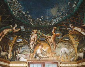 Ceres navštěvující akce obklopená loveckými psy a cherubíny z mýtu o Dianě a Actaeonu od Parmigianino