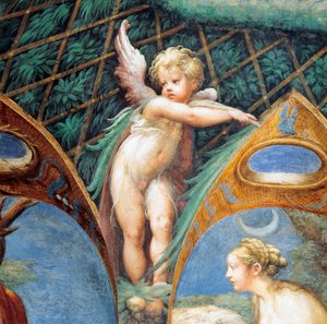 Cherubín a Dianin obličej, z mýtu o Dianě a Actaeonu, circa od Parmigianino