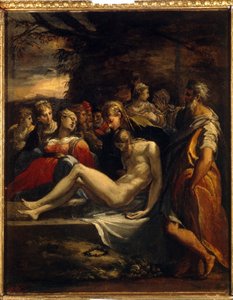 Pohřeb Krista. Tělo Kristovo vloženo do pohřebního rubáše od Panny Marie, Marie Magdaleny a svatého Jana. Obraz Parmigianino (1503-1540), olej na plátně. italské umění (Parma) od Parmigianino