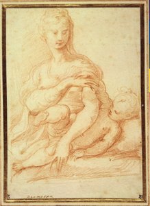 Panna hrající si s dítětem na klíně (červená křída na bílém papíře) od Parmigianino