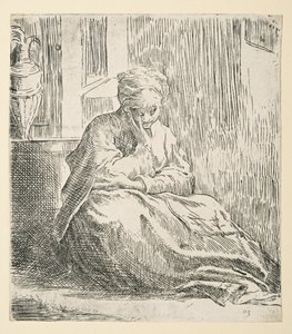 Žena sedící na zemi, známá jako Saint Thais (leptání) od Parmigianino