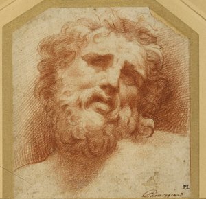 Vousatá hlava, dívá se nahoru (možná Laocoon) (červená křída na bílém papíře) od Parmigianino