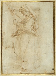 Stará žena s personálem, stojící před krbem (pero a hnědý inkoust na bílém papíře) od Parmigianino